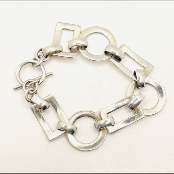 VINTAGE STERLING SILVER Circle and Rectangle Geometric Link Bracelet - Picture 2 of 5